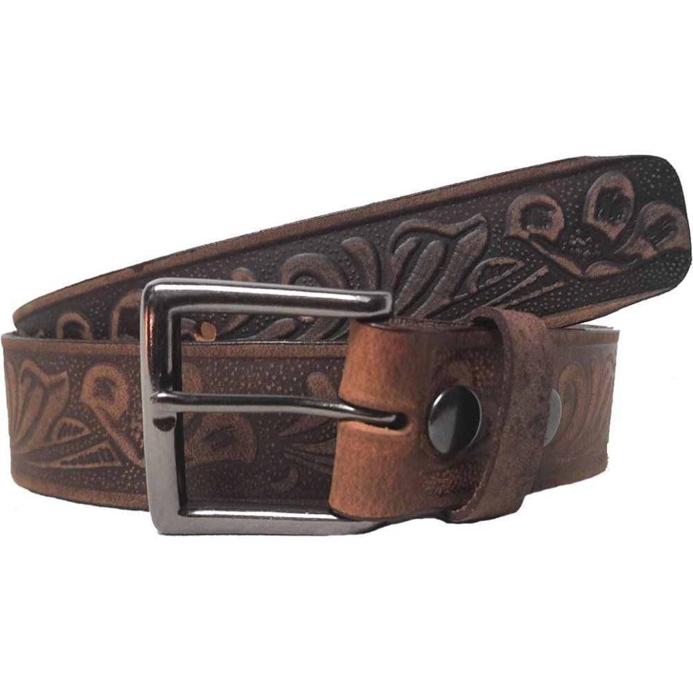 GENUINE COWHIDE LEATHER FLOWER EMBOSSED BELT 40MM BROWN #1040